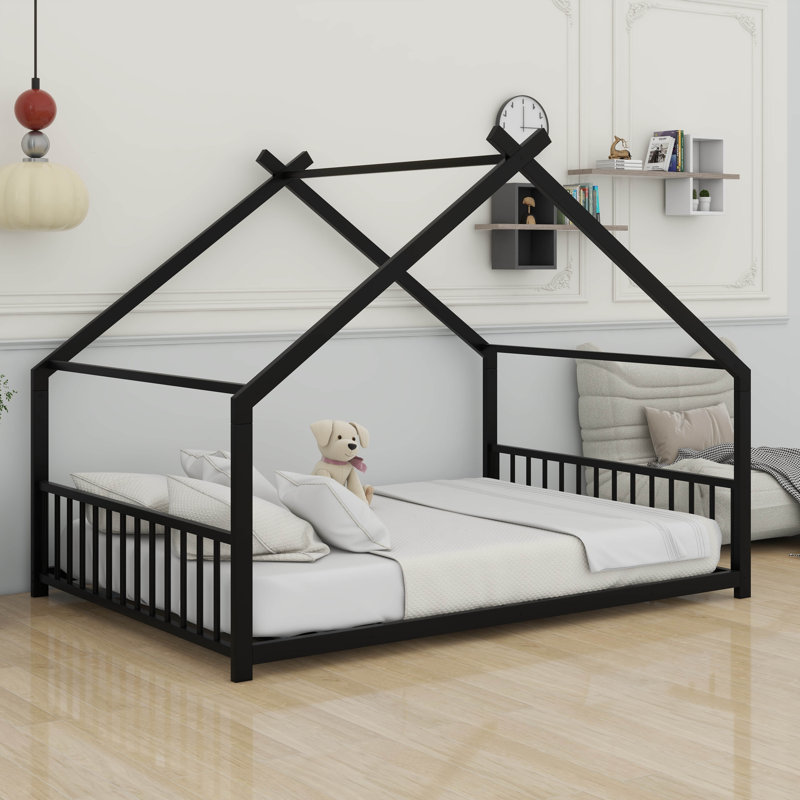 Lit de plancher avec toit pour filles, cadre de lit en métal avec tête et pied de lit, Lit double, Noir