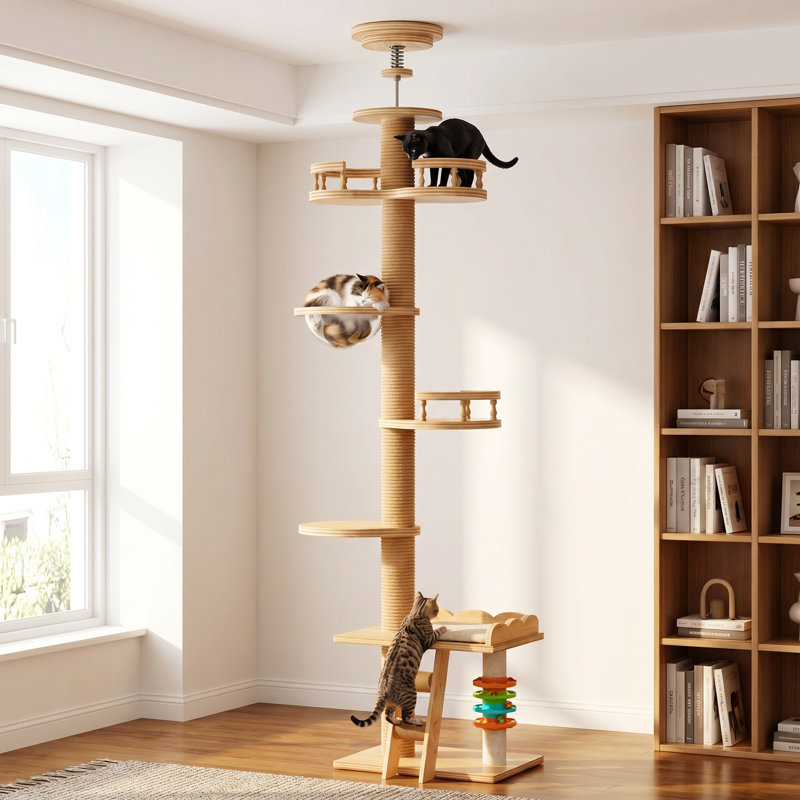Arbre à chat vertical du sol au plafond, hauteur réglable, poteau à griffer en sisal, perchoir à fenêtre, échelle et boules de jeu rotatives, économise de l'espace, enrichit le jeu intérieur pour les chats