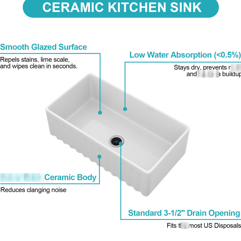 Tablier réversible blanc 33 po - évier de cuisine à simple cuve avant, 18 po x 10 po, céramique, grille à vaisselle et drain, accessoires en acier inoxydable 33 po