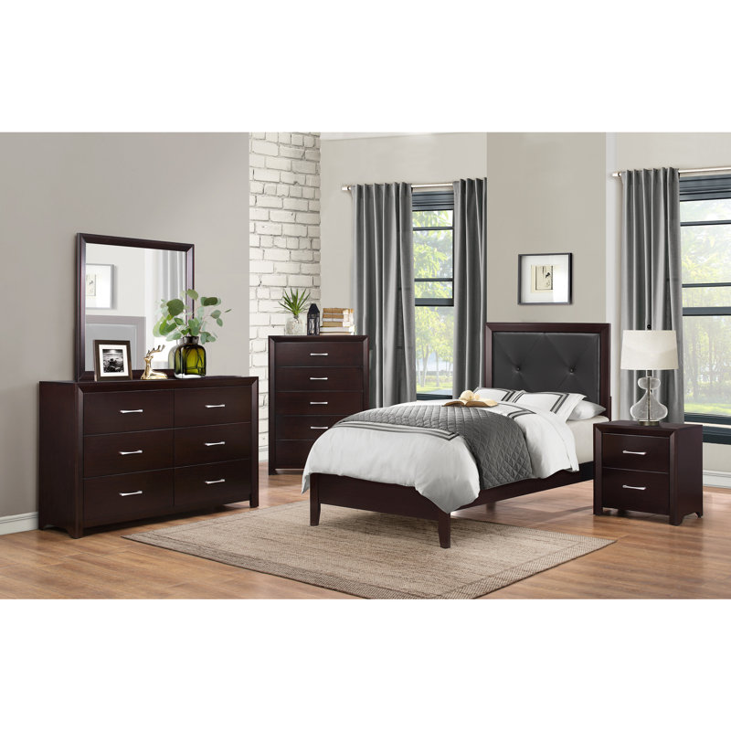 Ensemble de chambre avec lit plateforme 6 pièces, Simple, Espresso, 6 pièces : Lit, 2 tables de chevet, commode, miro