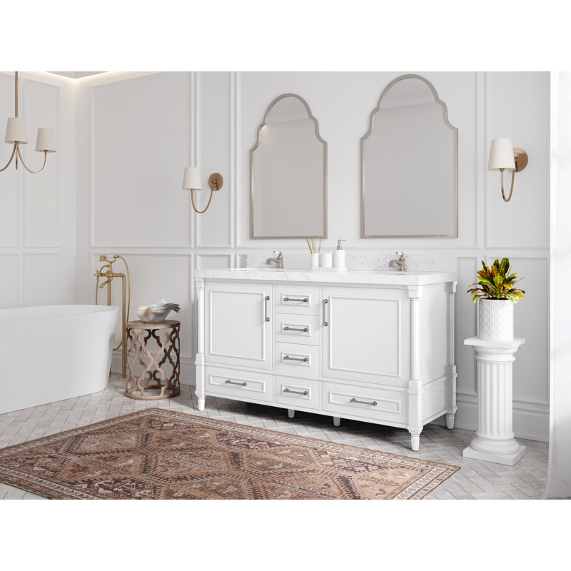 Aberdeen 60" White Solid Wood Double Sink Vanity with Carrara Marble Top