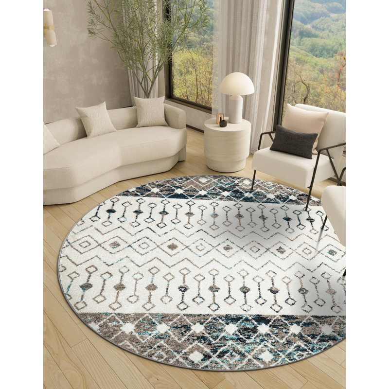 Somerville Geometric Indoor Rug, Round 10', Ivory/Gray/Blue