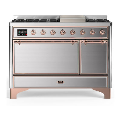 Cuisinière à double combustible de 48 pouces avec 5 brûleurs scellés, plaque chauffante, plaque française en acier inoxydable Majestic III Series (gaz naturel, garniture en cuivre)