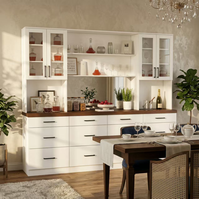 94.5" Wide Large Wine Bar Cabinet With 12 Drawers & Glass Doors, White