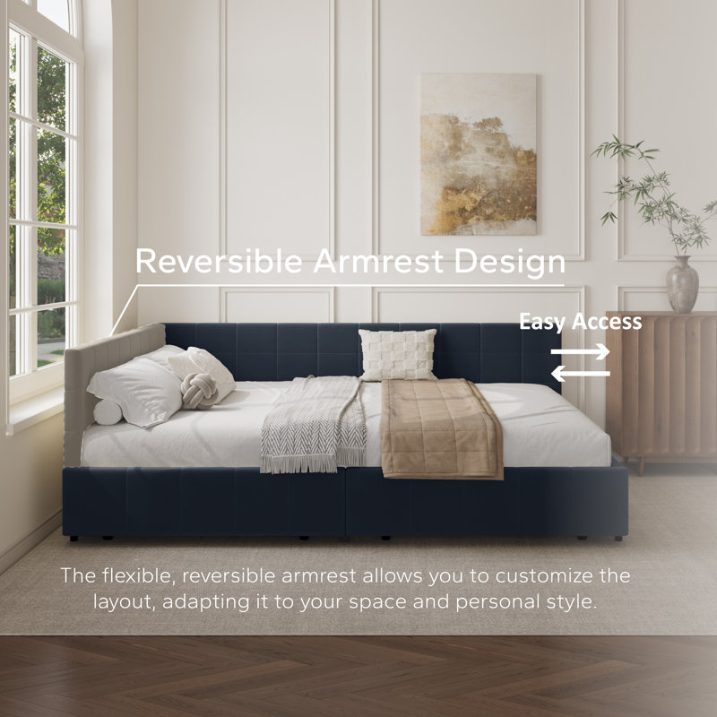 Upholstered Daybed With Backrest, Reversible Armrests, And Storage Drawers