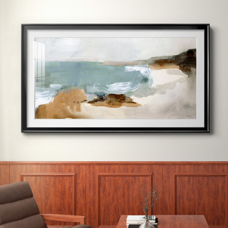 «Ocean Sigh IV» - peinture encadrée, Papier encadré noir, Blanc, H 14,5 po x l 26,5 po x P 1,5 po