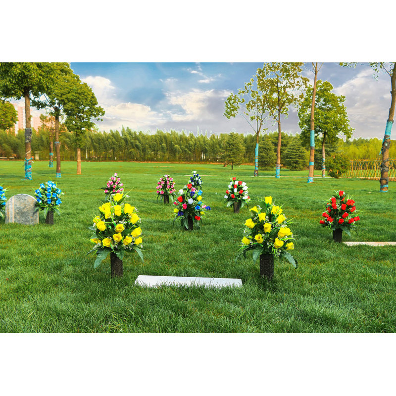 Yellow Silk Rose Cemetery Bouquet with Black Vase Set