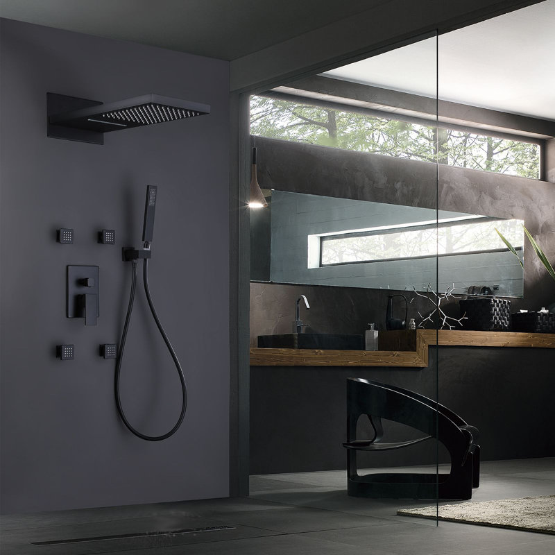 Système de douche complet à pression équilibrée 3 fonctions de luxe avec valve brute et 4 jets de corps