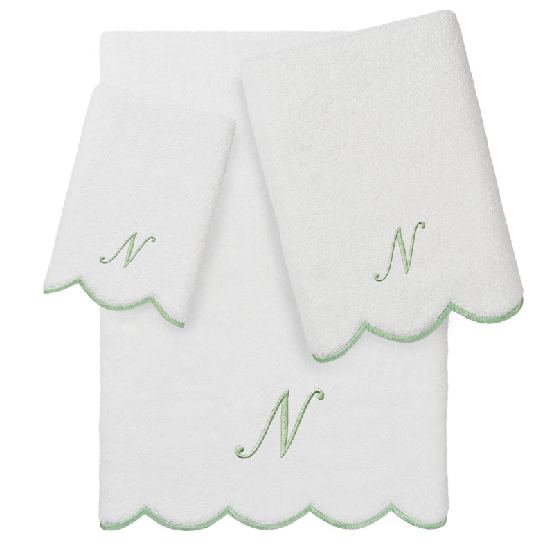  Ensemble de serviettes personnalisées 100% coton ADORNIA, N, Blanc/vert, Ensemble 3 serviettes de bain