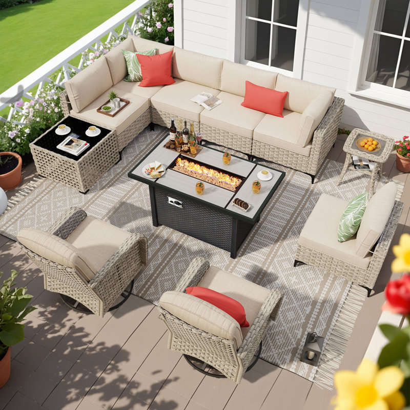 10-piece outdoor wicker patio furniture set with fire pit table, swivel chair and colorful cushions, Beige, Yes