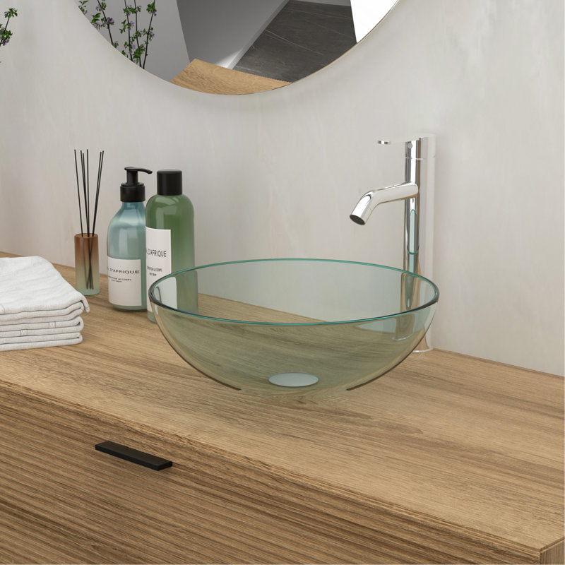 Lavabo de salle de bain en verre trempé avec robinet chromé et drain escamotable, transparent