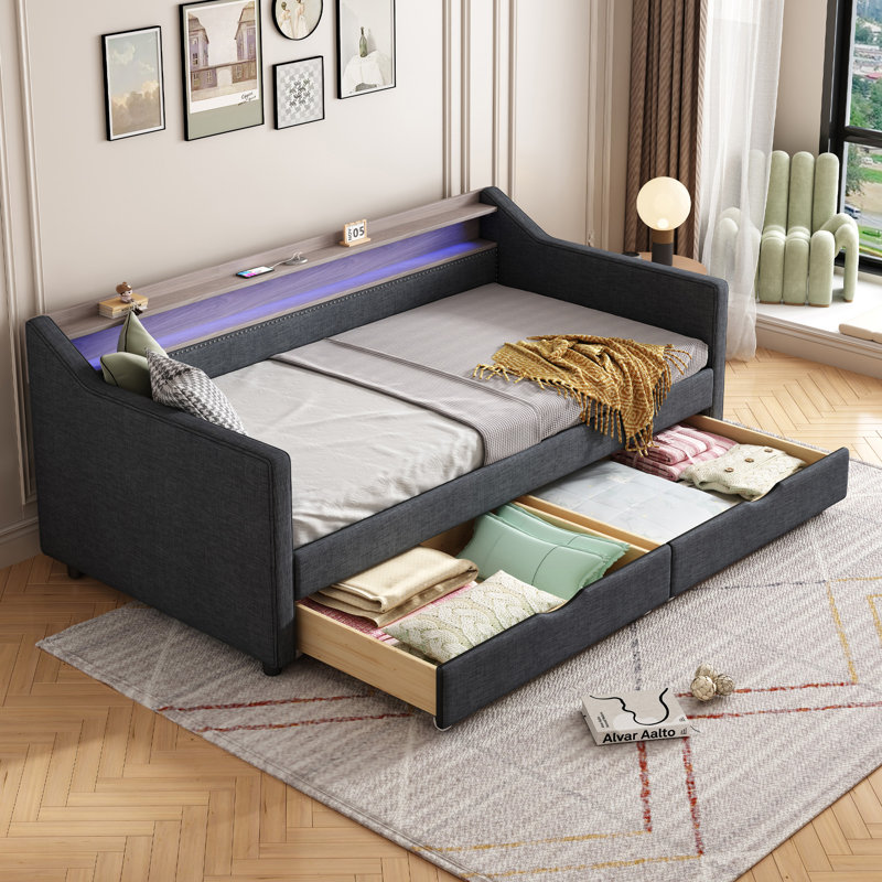 Twin Size Daybed With 2 Storage Drawers And 2-Tier Shelf & /USB/Type-C Port, Dark Gray