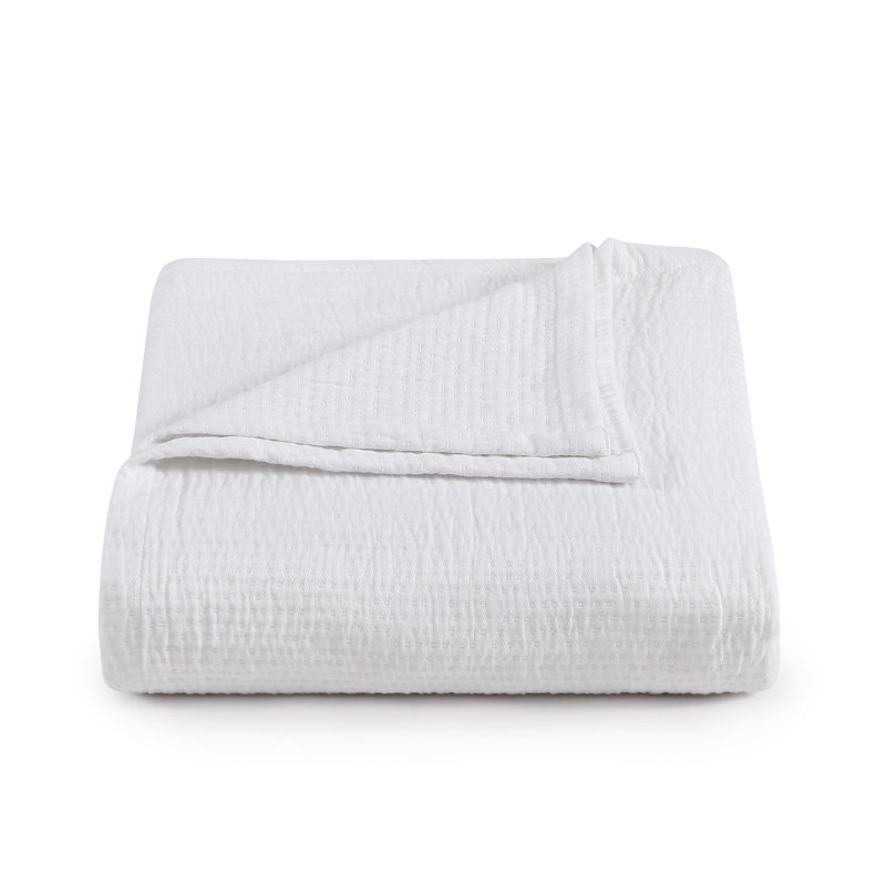 Tommy Hilfiger Running Stitch Solid Cotton Blanket, Twin, White