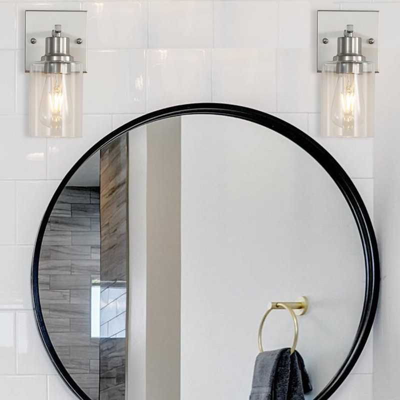 Farmhouse Modern Wall Lights Set Of 2, Vanity Lights With Clear Glass Shade For Bathroom, Bedroom, Living Room, Silver