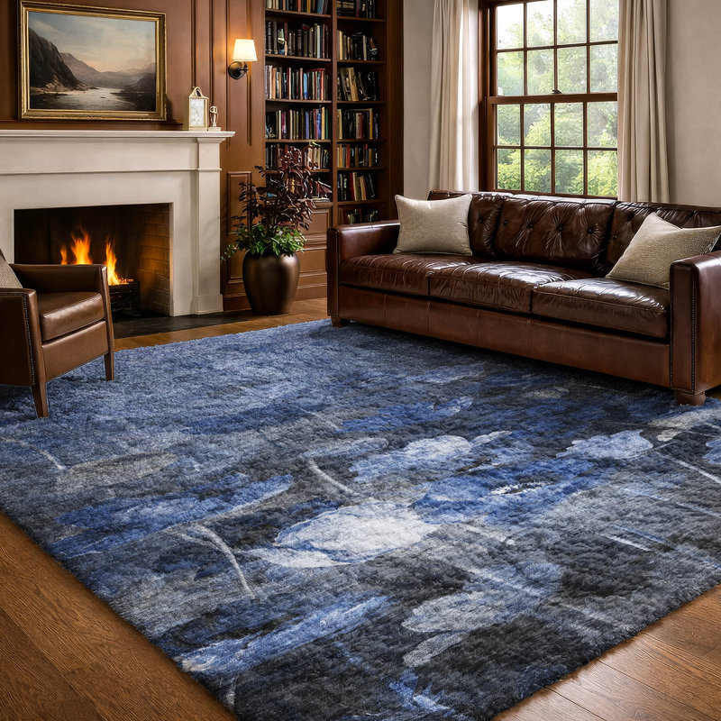 Tapis floral à poil long de qualité supérieure lavable à la machine ADS613, Blue, 10 pi x 14 pi