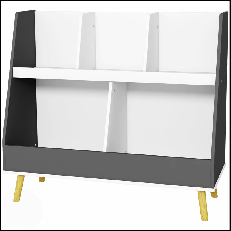 Étagère à jouets Qabo, 2 niveaux avec 5 compartiments, dispositif anti-basculement, pieds en bois de pin