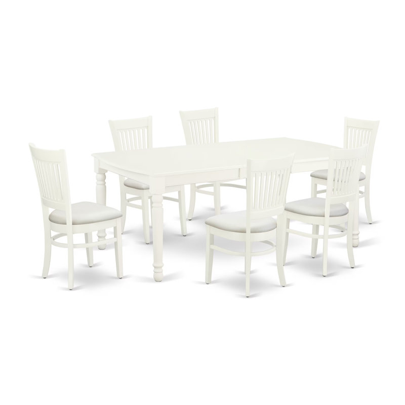 7 Piece Dining Room Table Set Consist of a Rectangle Kitchen Table with Butterfly Leaf and 6 Linen Fabric Upholstered Chairs, 42x78 Inch, Linen White