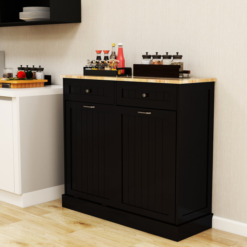 Armoire à déchets noire - deux compartiments, unité de rangement moderne à deux poubelles, design