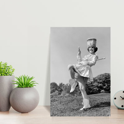 1960S Smiling Majorette In Uniform With Short Skirt Boots Tall Hat And Two Batons Posing Outdoors Classic Retro Vintage Portrait Wall Art