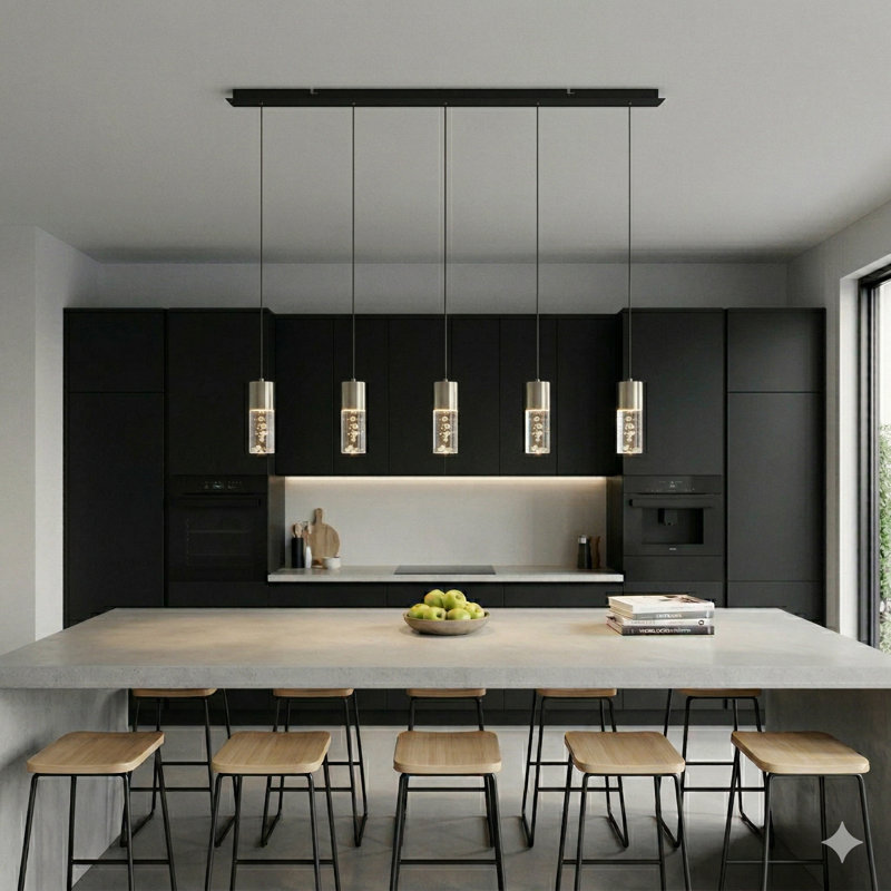Luminaire suspendu linéaire à 5 lumières pour îlot de cuisine Andromedae, Nickel