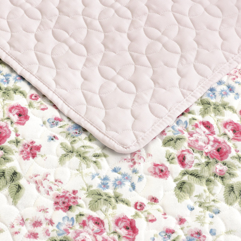 Ensemble de courtepointe réversible Laura Ashley, Courtepointe pour grand lit + 2 taies décoratives, Rose