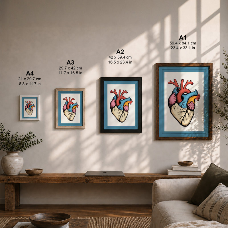 Anatomical Heart Diagram Modern - Framed Print, Walnut, A4 - 29.7 x 21.0 cm