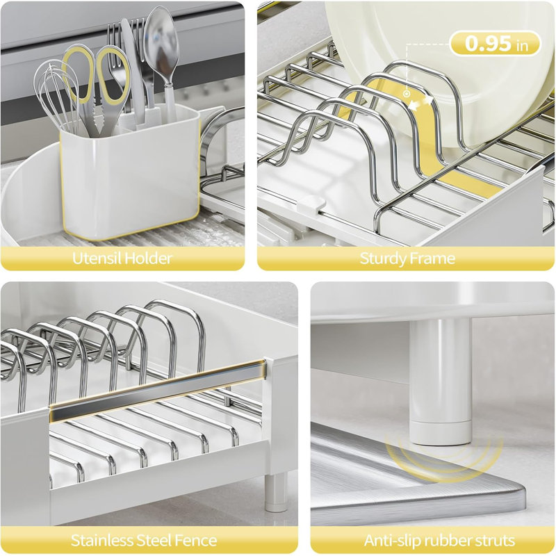 White Stainless Steel Foldable Dish Drying Rack with Utensil Cup