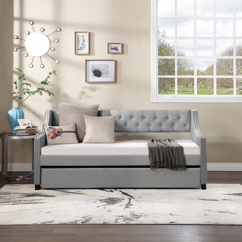 Miaja Daybed, Daybed, Upholstered Bed with Trundle, Twin, Gray