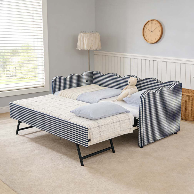 Lit de jour avec lit gigogne simple sans sommier, avec port USB et adorable forme de vague, Marine