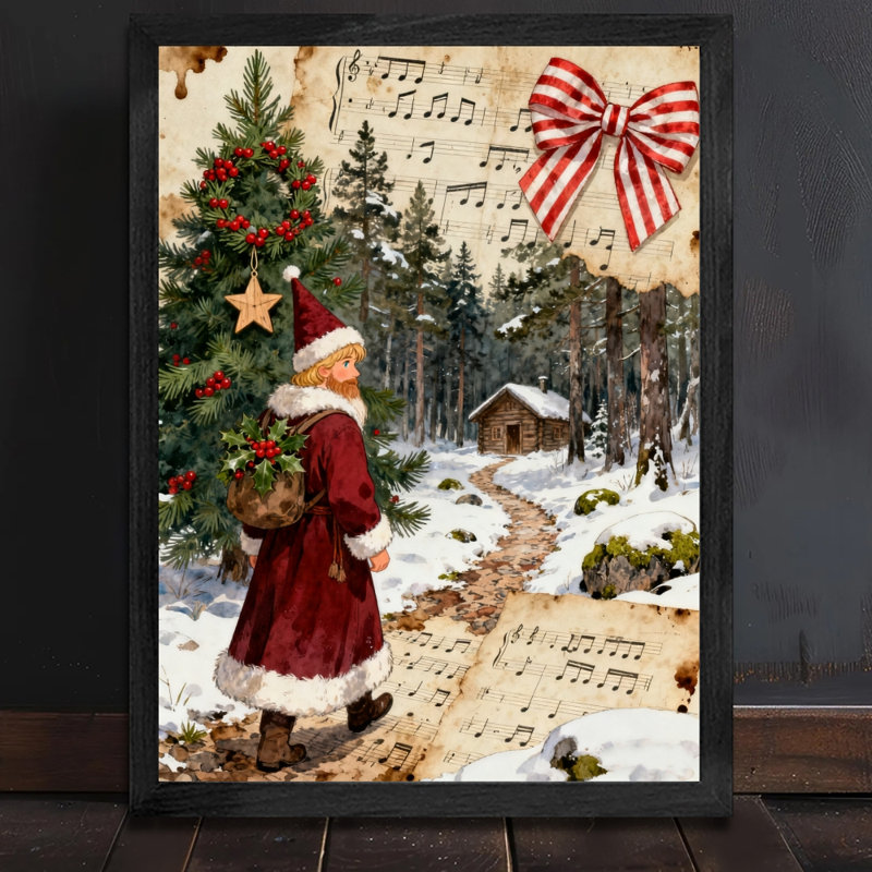 Art mural rétro noir avec père Noël et arbre de Noël, impressions de style rétro, H 25 po x l 17 po