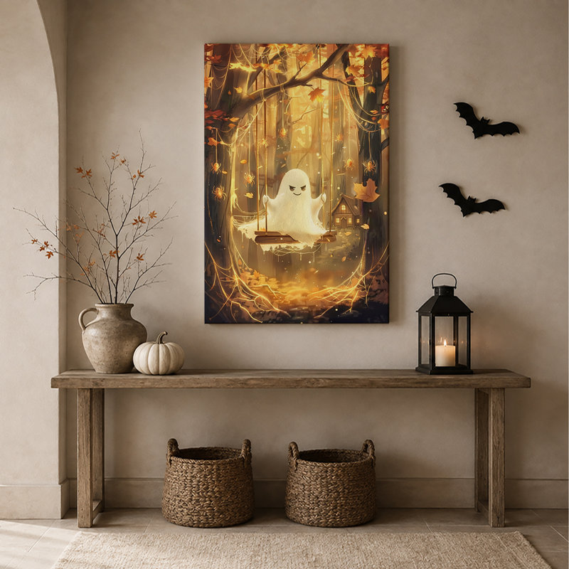 Art mural sur toile, "White Ghost On Swing In Autumn Woods with Spiders", H 48 po x l 36 po