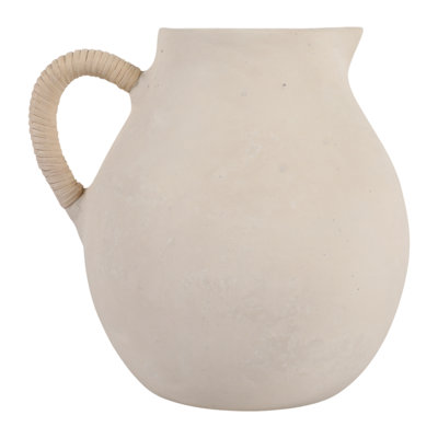 Elegant Pottery Vase With Woven Rattan Handle For Home Decor - Stylish Tall Flower Vase For Table, Kitchen, Or Dining Room - Ivory & White