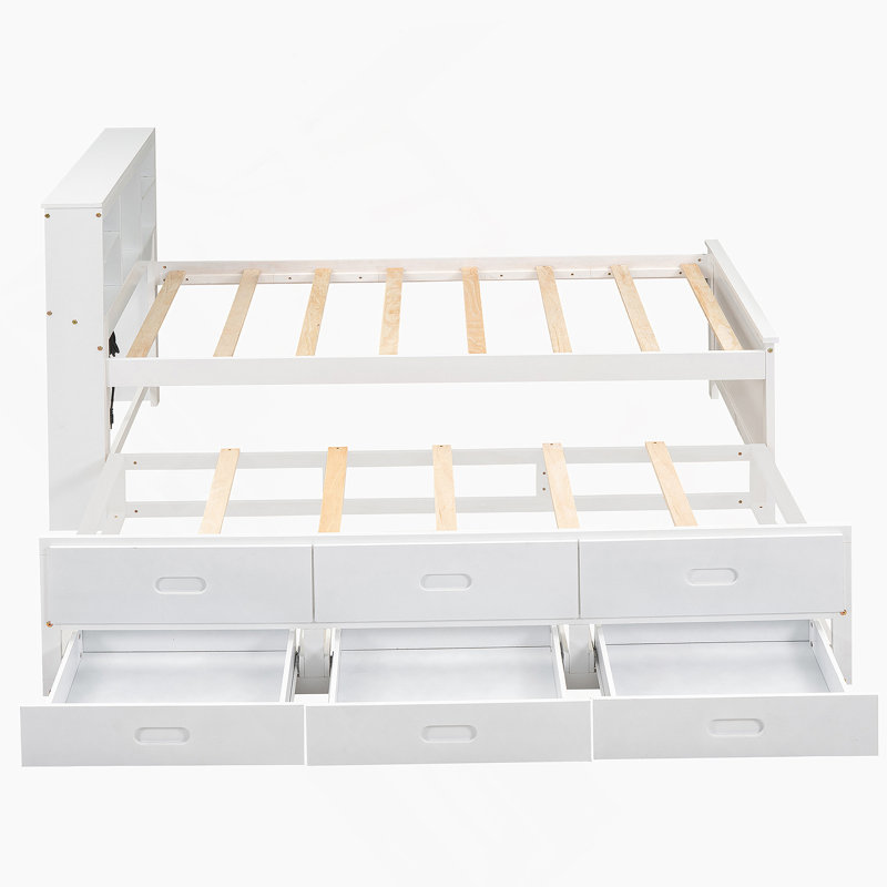 Lit plateforme avec tête de lit, USB, lit gigogne et 3 tiroirs, Twin, Blanc
