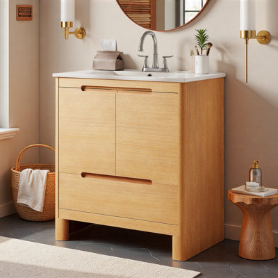 30" Modern Bathroom Vanity With Ceramic Sink, Freestanding Bathroom Cabinet With Natural Wood Grain, Soft-close Doors & Drawer And Adjustable Shelf