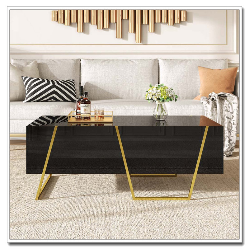 Table basse rectangulaire ultrabrillante pour le salon avec rangement et base dorée, 4 tiroirs