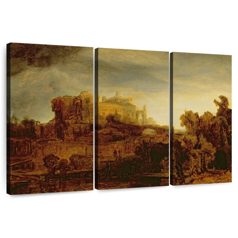 Lilie paysage avec un château, H 48 po x l 74 po