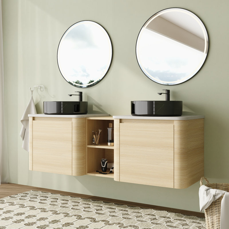 Meuble-lavabo double 60 po avec dessus en pierre reconstituée et portes à fermeture en douceur 60 po