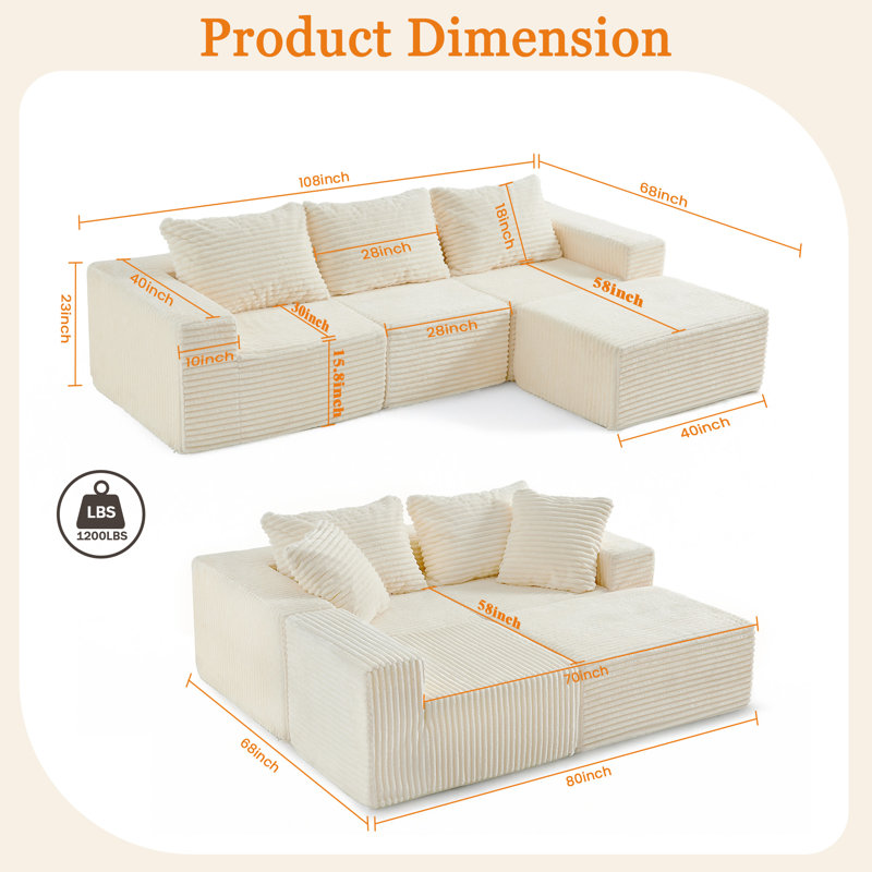 Boneless 108" W Reversible Modular Sectional with No Assembly Required, Beige 