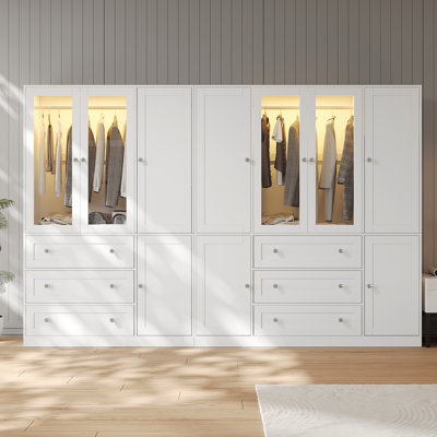 Armoire penderie avec tiroirs et lumière, armoire 75 "avec tringle, armoire penderie en bois 10 portes pour chambre à coucher