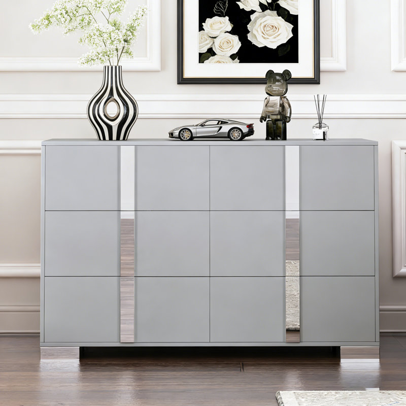 Commode 6 tiroirs avec miroir et base en métal gris
