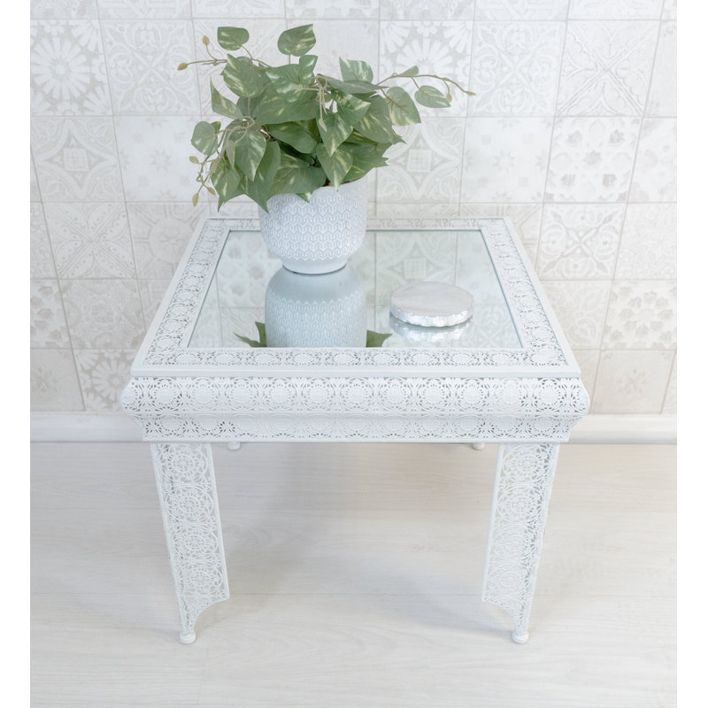 Carlyse Embossed Metal & Glass Moroccan Style Side Table , White