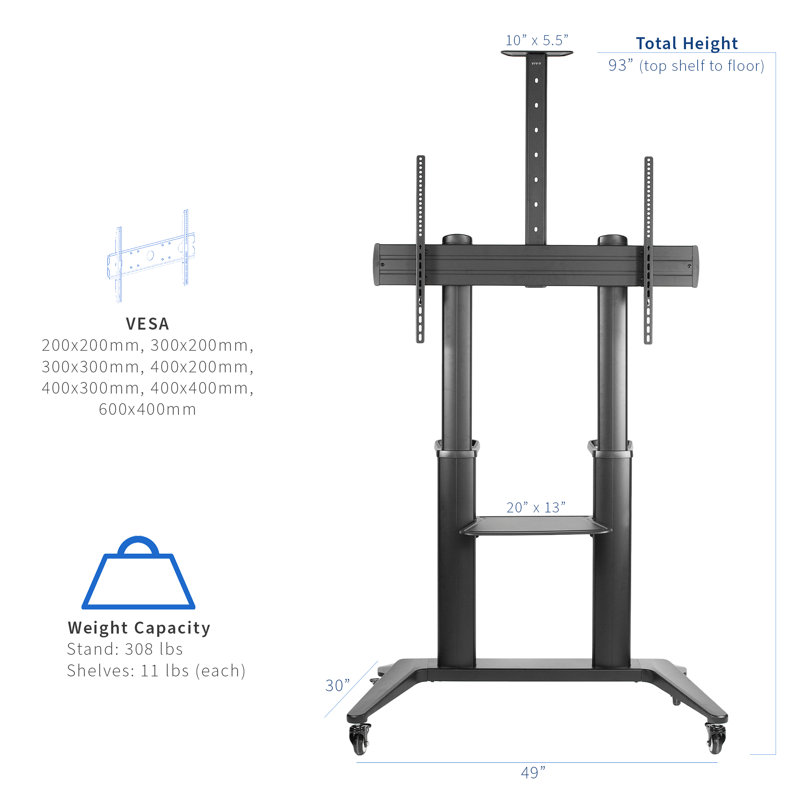 Vivo Ultra Heavy-Duty Mobile Large-Screen TV Cart, 70"-120", Aluminum