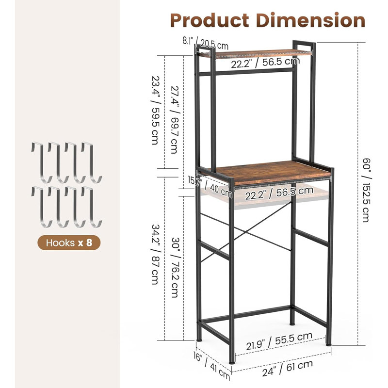 Mini Fridge Stand With Storage,Height Adjustable With 8 Hooks,Brown