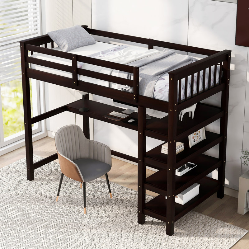 Lit mezzanine simple avec tablettes de rangement, éclairage DEL et bureau sous le lit, espresso