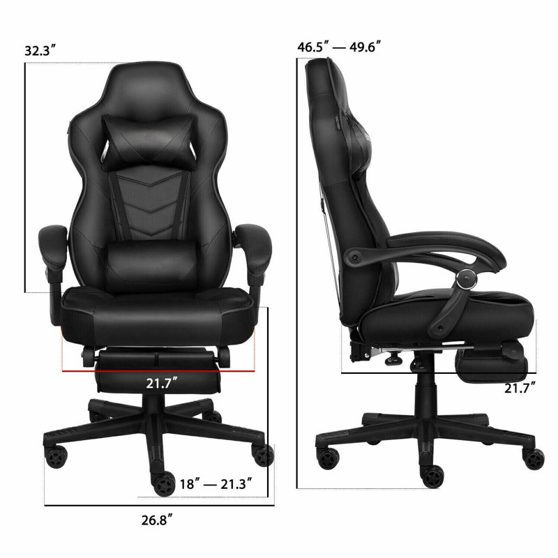 RAYS Reclining Ergonomic Faux Leather Swiveling PC & Racing Game Chair with Footrest, Black