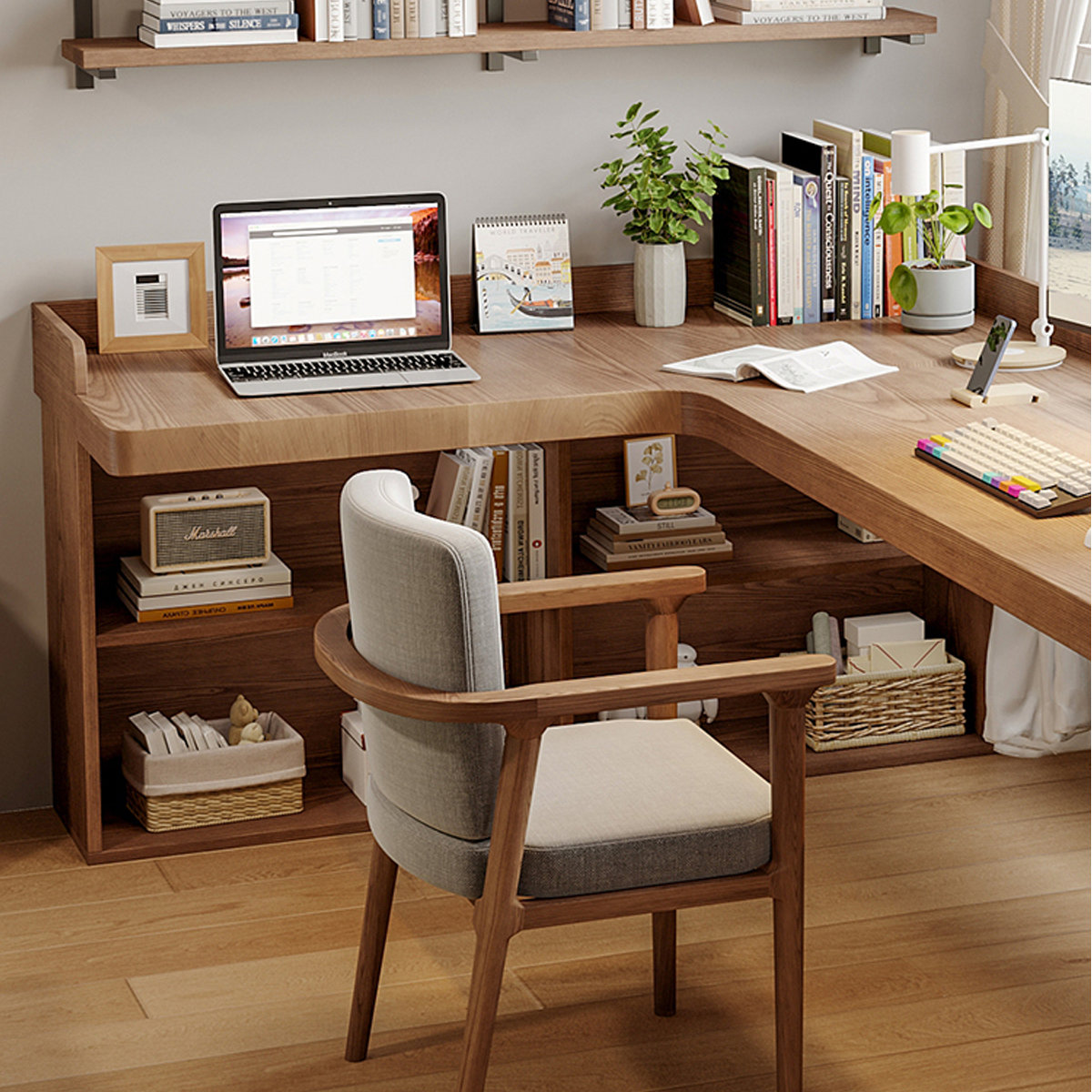 L-Shaped Solid Wood Desk with Storage Base Design