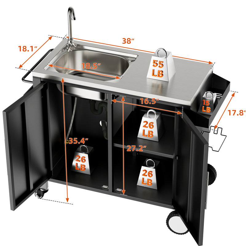 Table de barbecue multi-usages avec évier en acier inoxydable 304, 38 po de long, 18 po de large, 35 po de haut, avec poignée à pousser et support à épices pour barbecue, poubelle amovible
