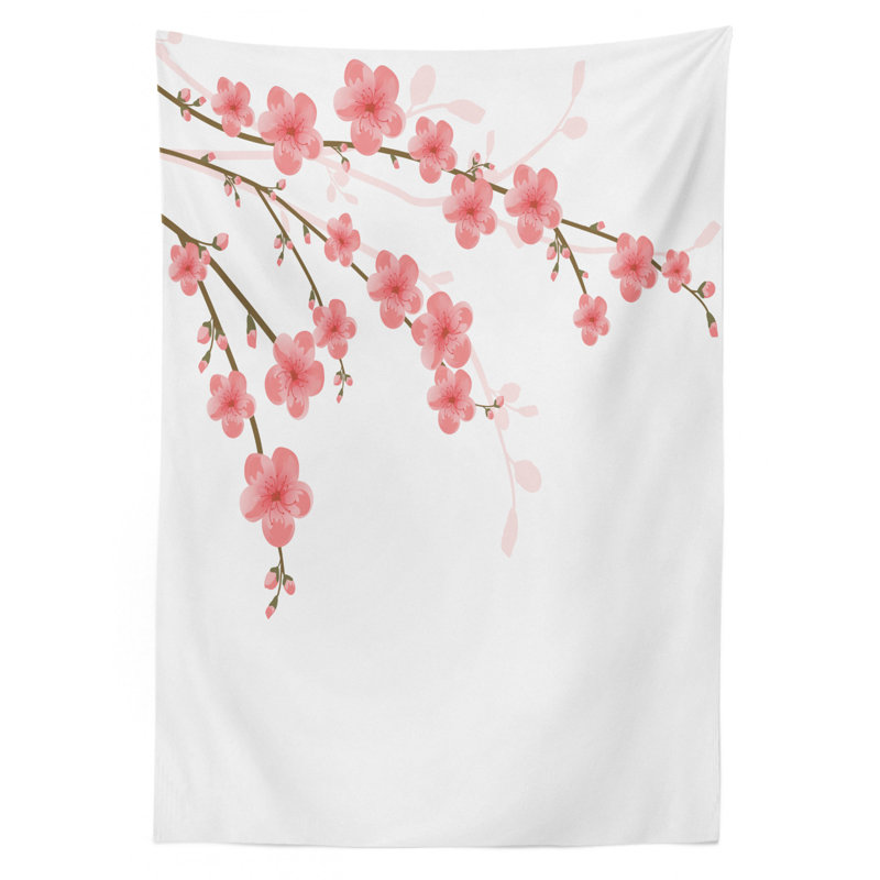 Ambesonne Floral Tablecloth, Cherry Blossom April Springtime Romantic Feminine Illustration Artwork Soft Colors, Rectangular Table Cover For Dining Room Kitchen Decor, 52" X 70", Pink Green