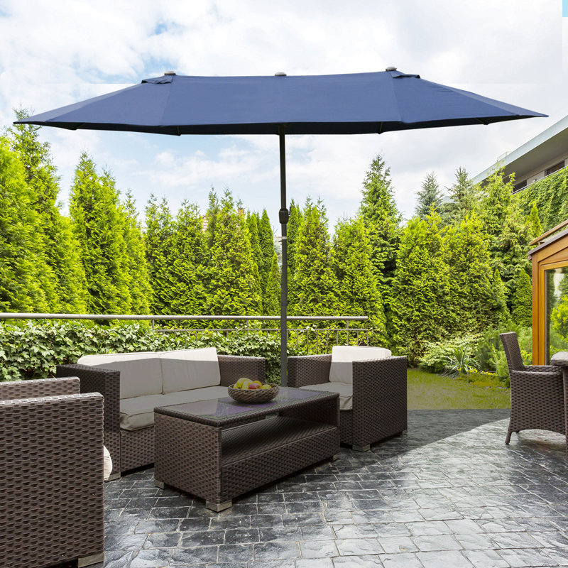 Parasol de patio rectangulaire extérieur en acier 15 'avec base, protection solaire et manivelle pour terrasse, Bleu