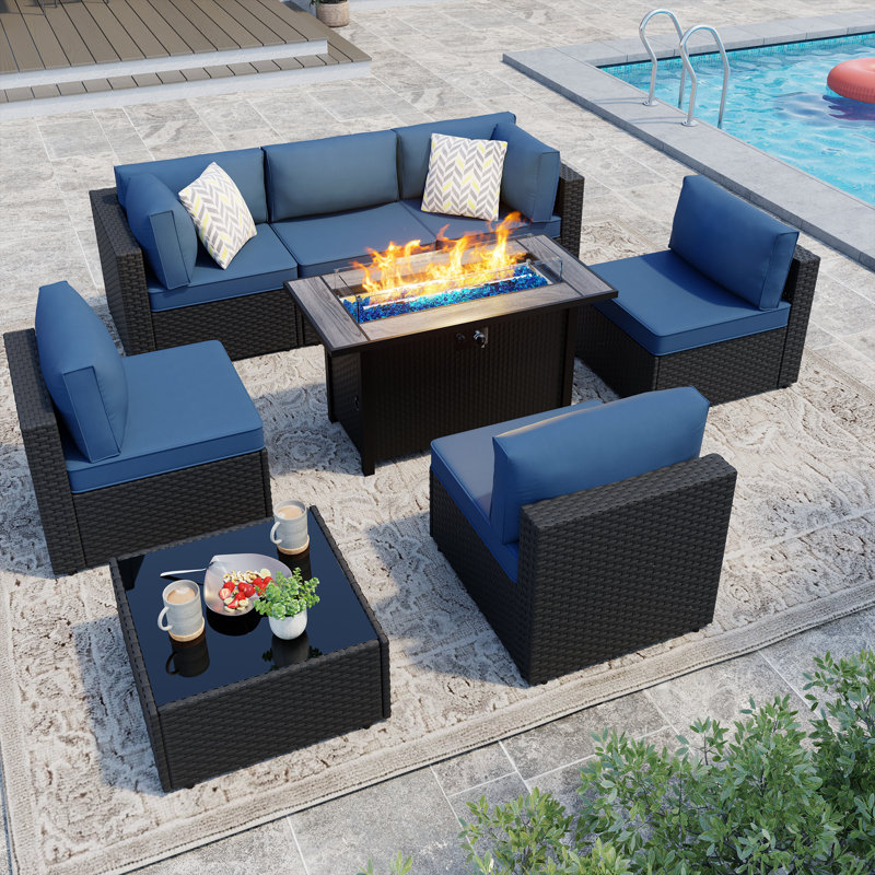 Bushrah 6-Person Outdoor Patio Seating Group with Cushions and Fire Pit Table, Black, Navy